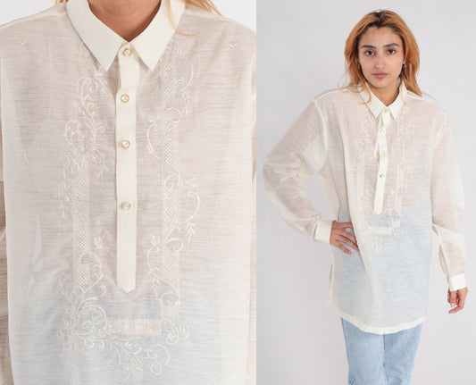 00s Sheer White Embroidered Button-Up Blouse Long Sleeve Floral Large L