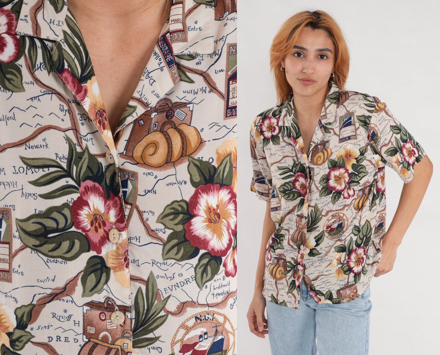 90s Nautical Floral Ship Suitcase Rayon Button-Up Blouse Short Sleeve Medium Petite