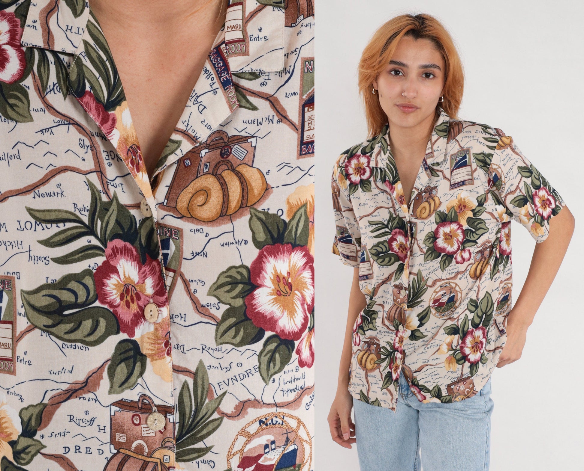 90s Nautical Floral Ship Suitcase Rayon Button-Up Blouse Short Sleeve Medium Petite