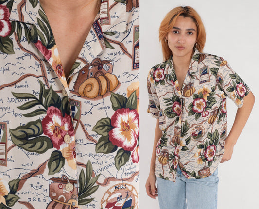 90s Nautical Floral Ship Suitcase Rayon Button-Up Blouse Short Sleeve Medium Petite