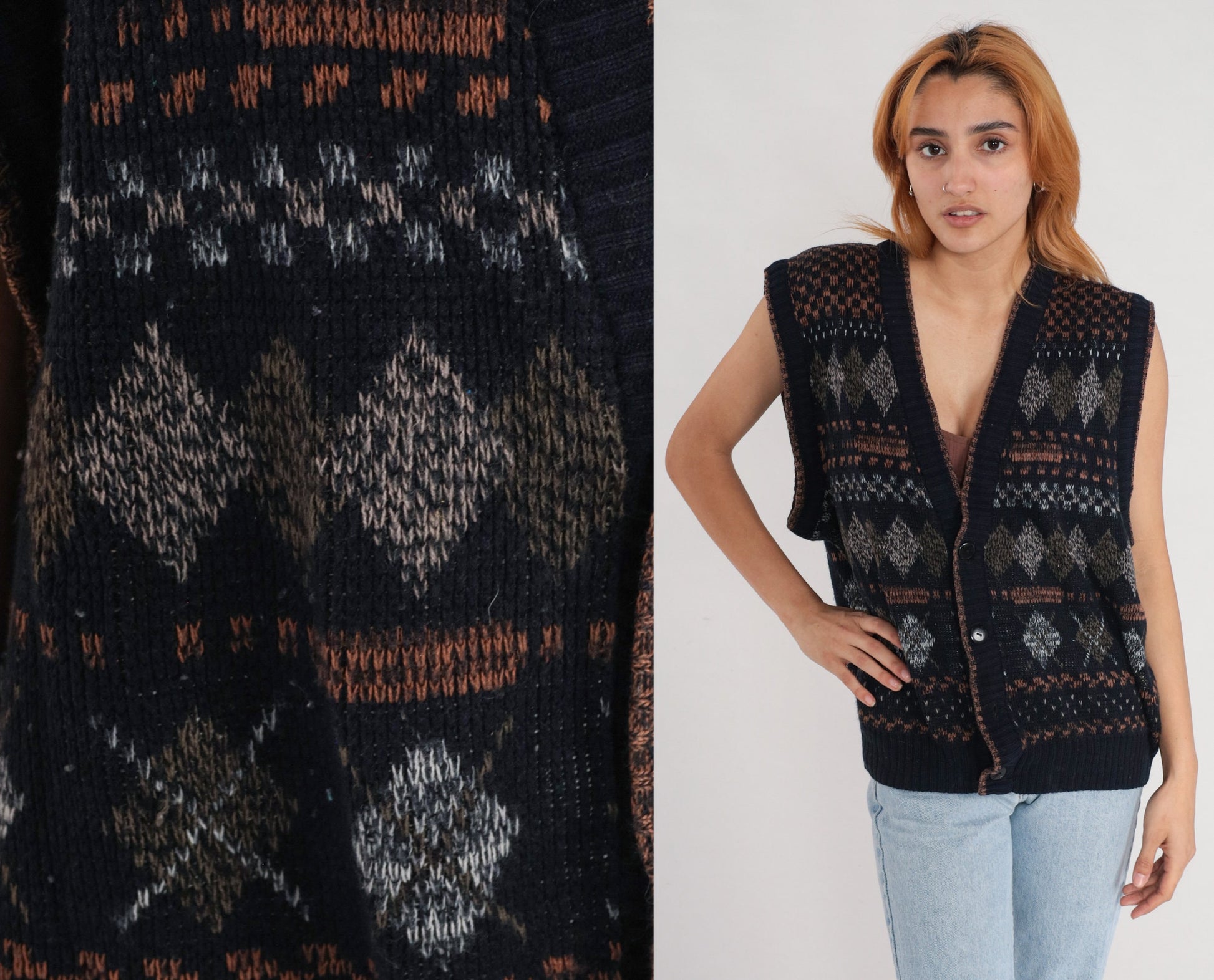 90s Expressions Black Argyle Sweater Vest Button-Up Knit Large L