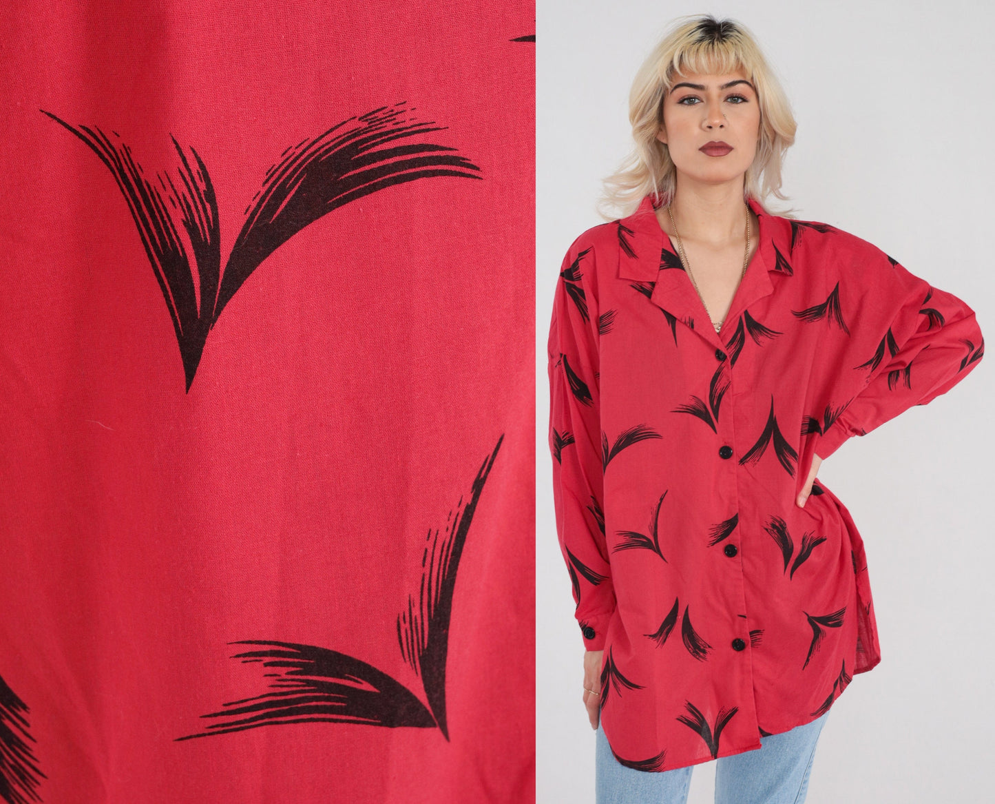 90s Red Button Up Blouse Black Abstract Feather Print Long Sleeve Extra Large