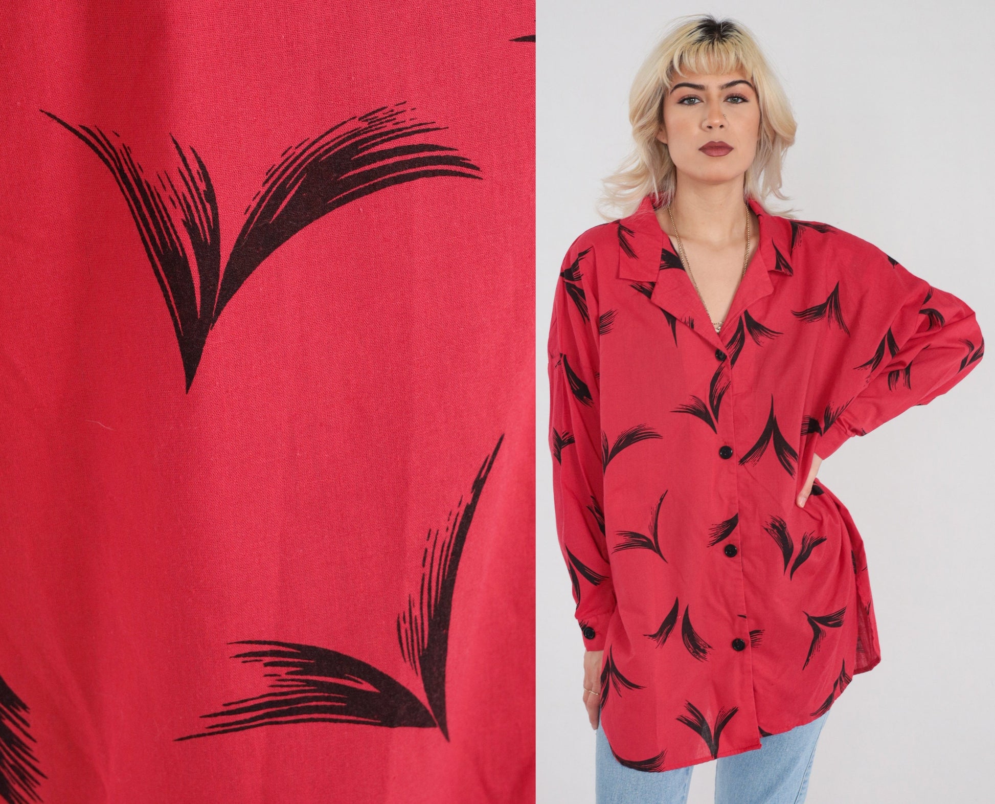 90s Red Button Up Blouse Black Abstract Feather Print Long Sleeve Extra Large