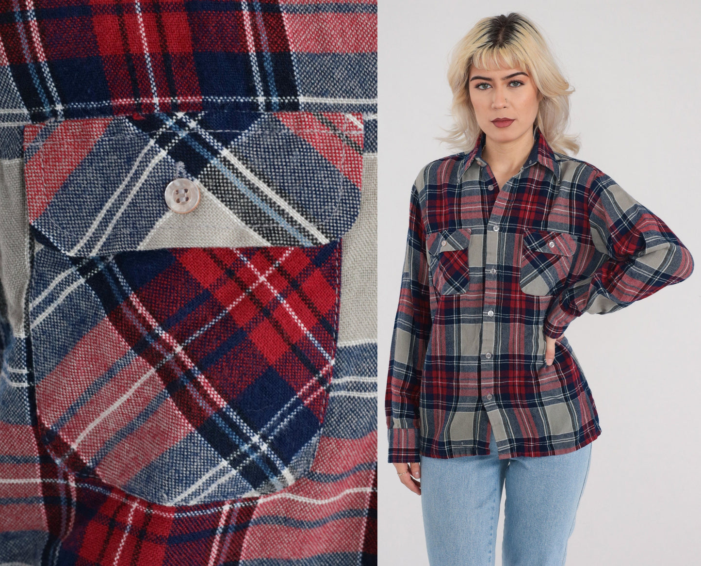 90s Plaid Flannel Button-Up Shirt Red Grey Long Sleeve Small S