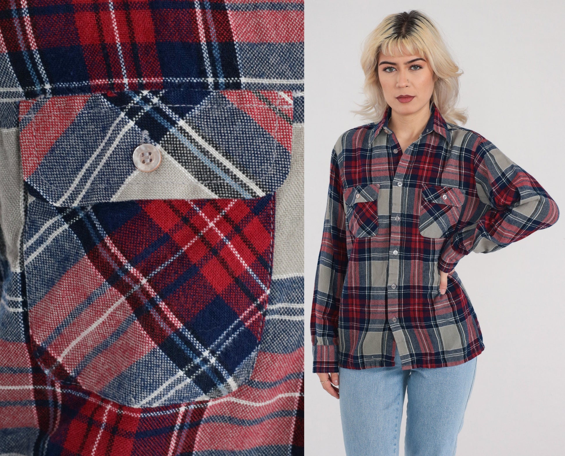 90s Plaid Flannel Button-Up Shirt Red Grey Long Sleeve Small S