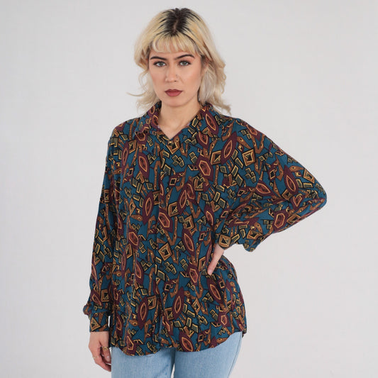 90s Abstract Geometric Button-Up Shirt Long Sleeve Multicolor Large