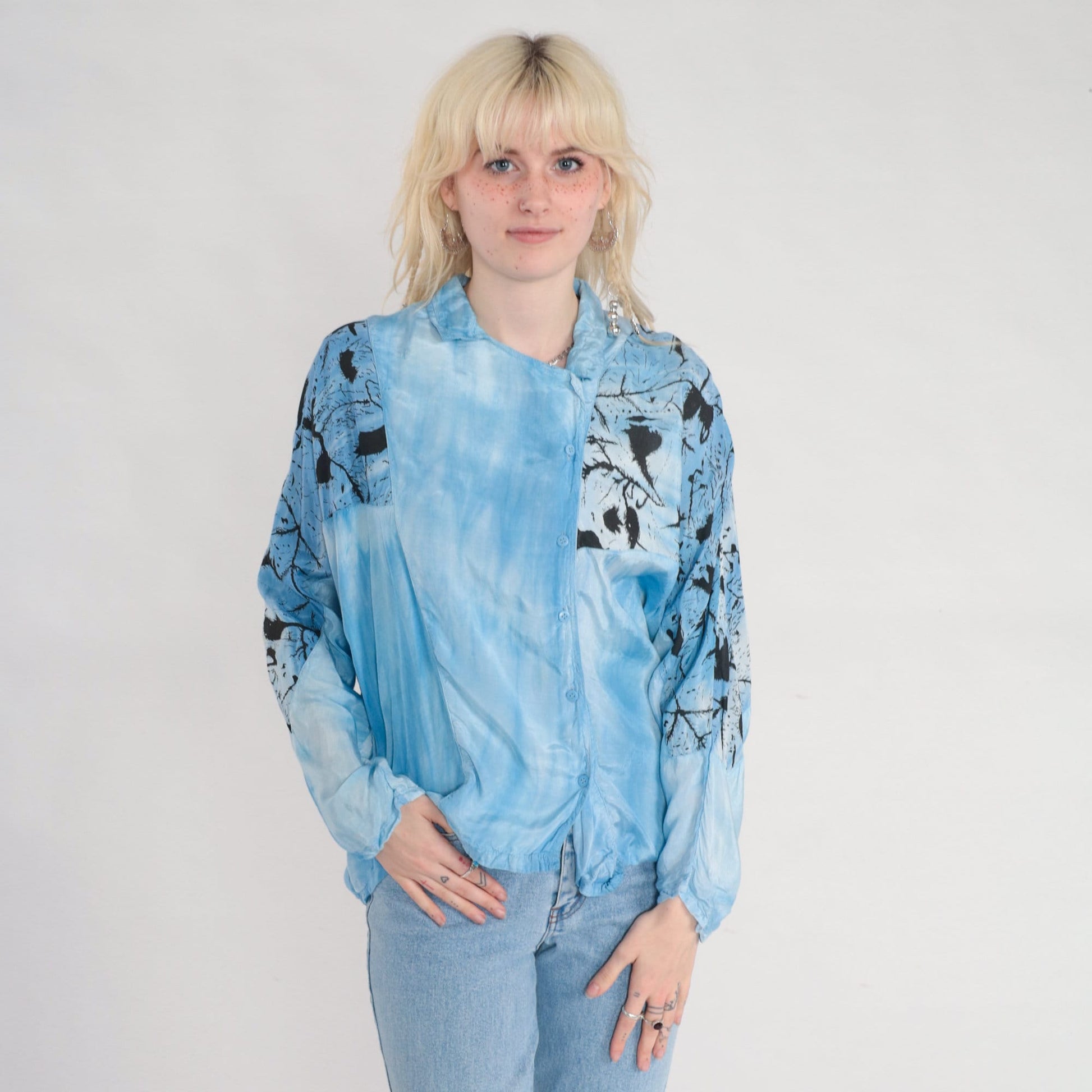 90s Blue Tie Dye Abstract Print Blouse Asymmetrical Dolman Sleeve Large