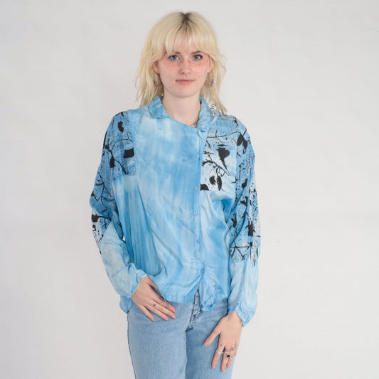 90s Blue Tie Dye Abstract Print Blouse Asymmetrical Dolman Sleeve Large