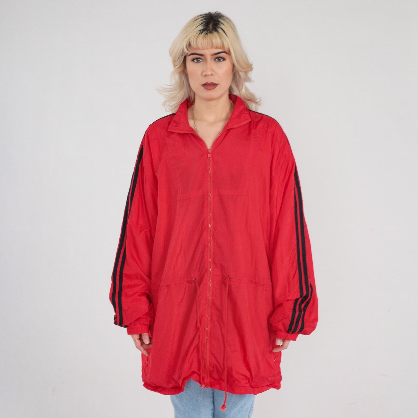90s Red Striped Nylon Windbreaker Zip Jacket Black Sleeves Men's Extra Large