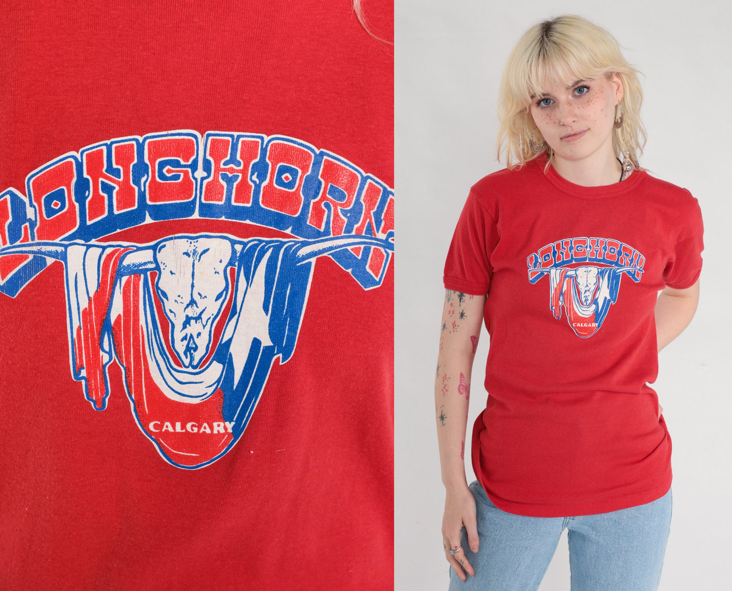 80s Calgary Longhorns Baseball T-Shirt Red Graphic Tee Single Stitch Small