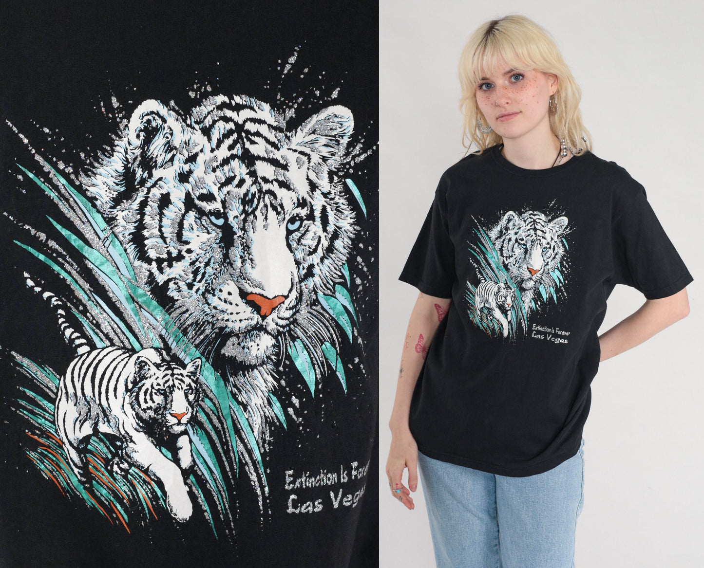 Y2K White Tiger Glitter Graphic Tee Extinction is Forever Black Medium