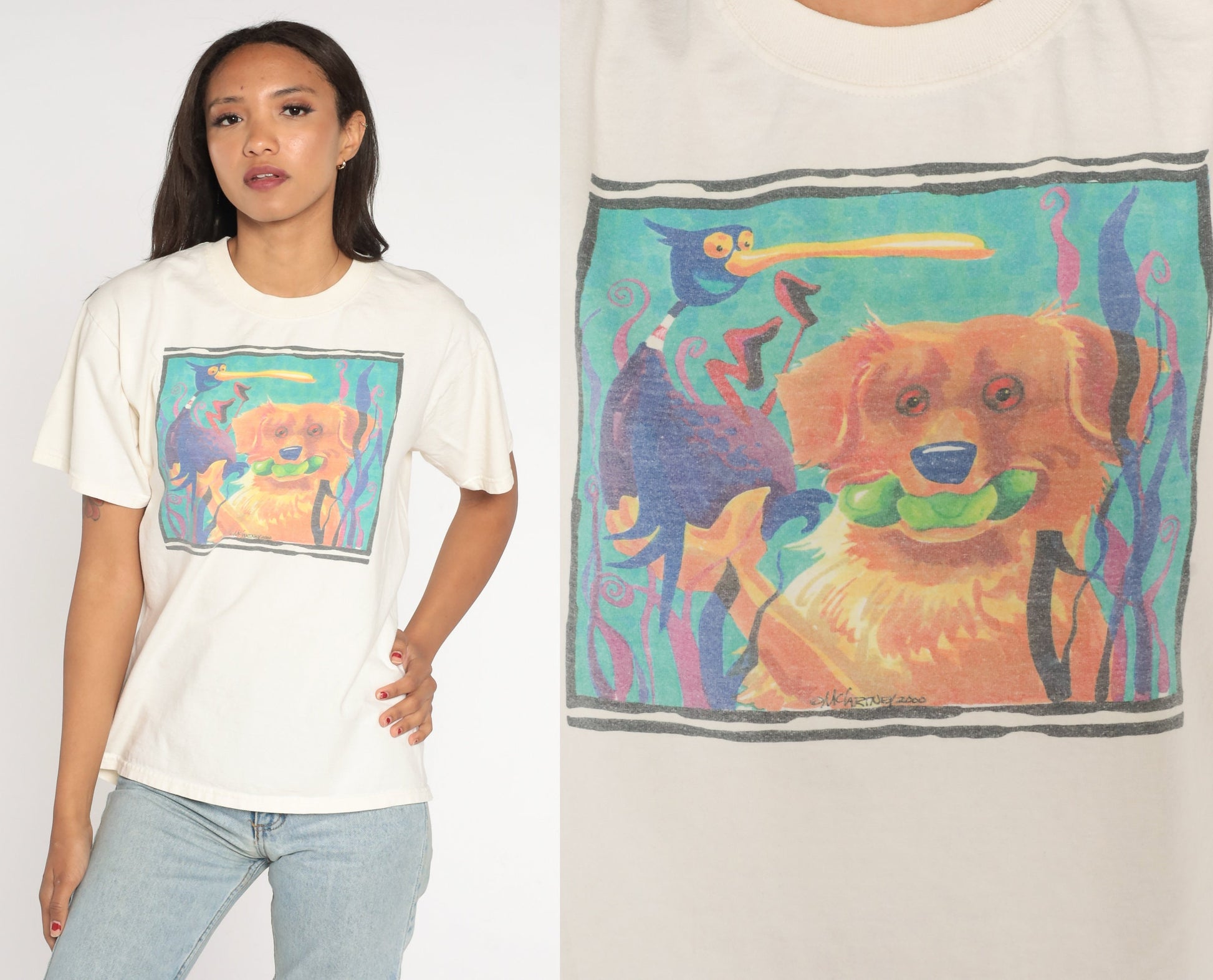 90s Mike McCarthy Dog Art Graphic T-Shirt Cotton Medium Large
