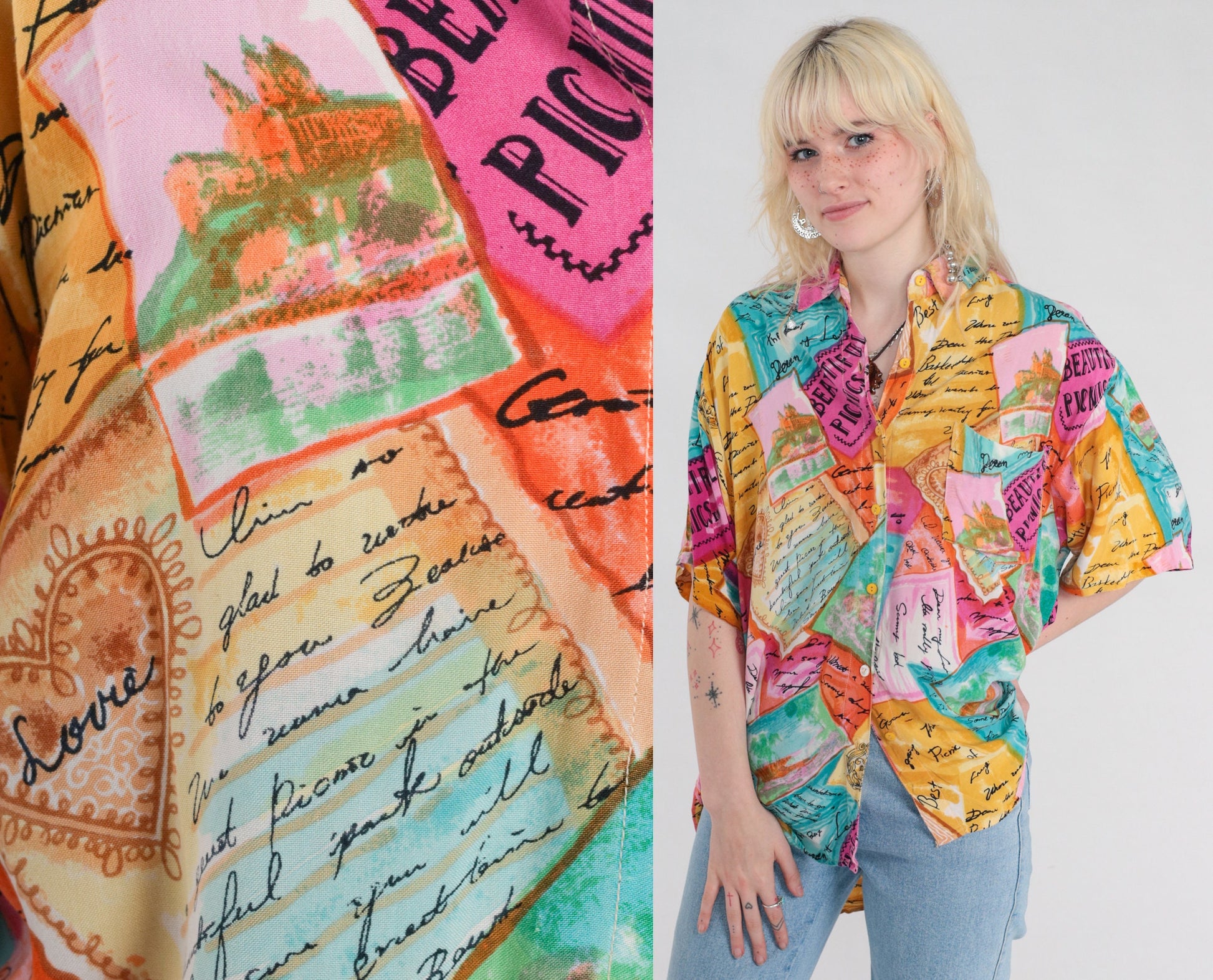90s Postcard Travel Print Button-Up Blouse Tropical Shirt Multicolor Large L