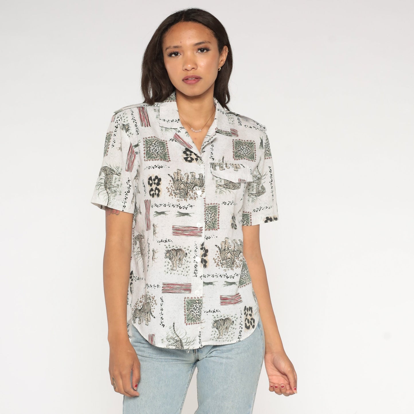 90s Safari Animal Print Button Up Shirt Leopard Tiger Jungle Blouse Small