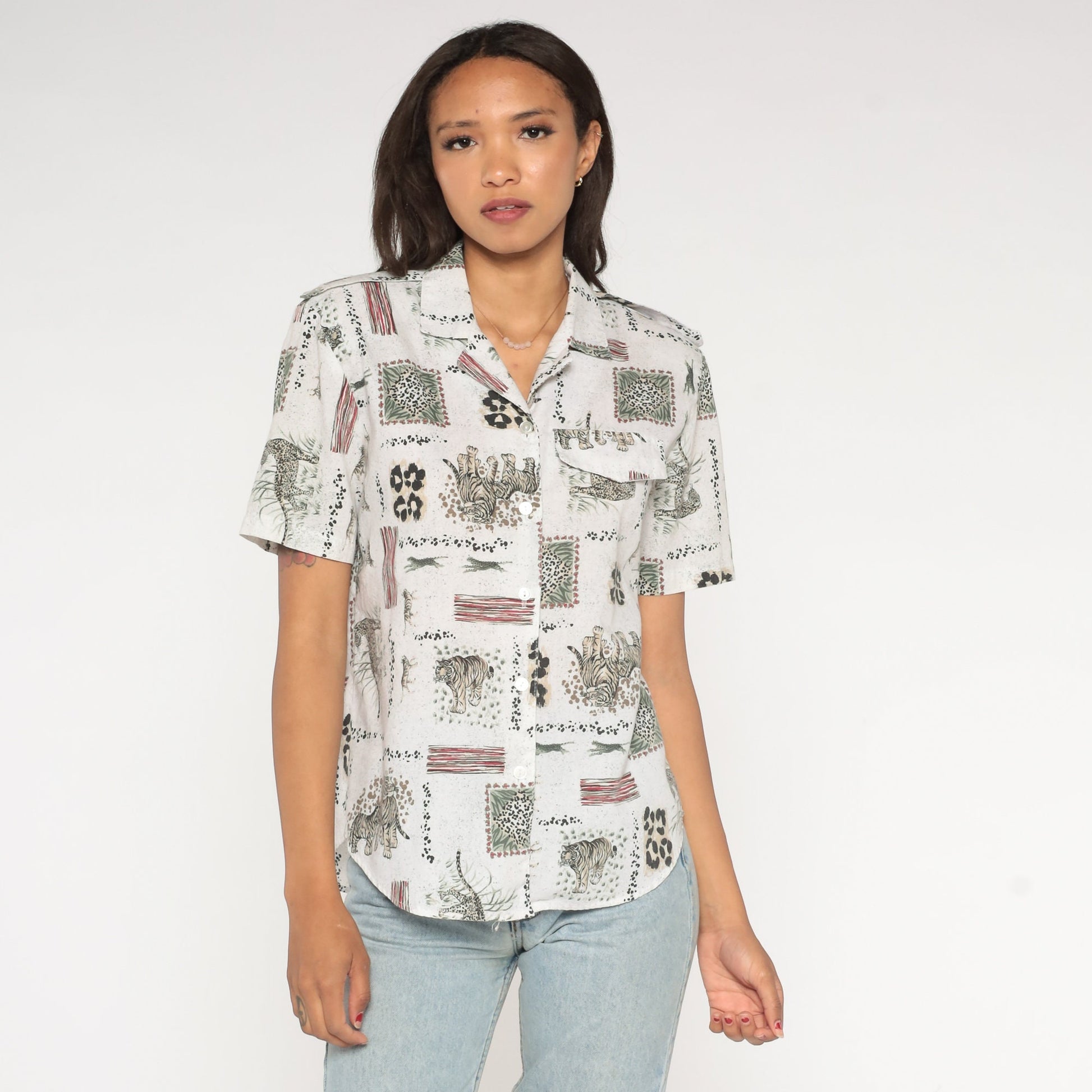 90s Safari Animal Print Button Up Shirt Leopard Tiger Jungle Blouse Small