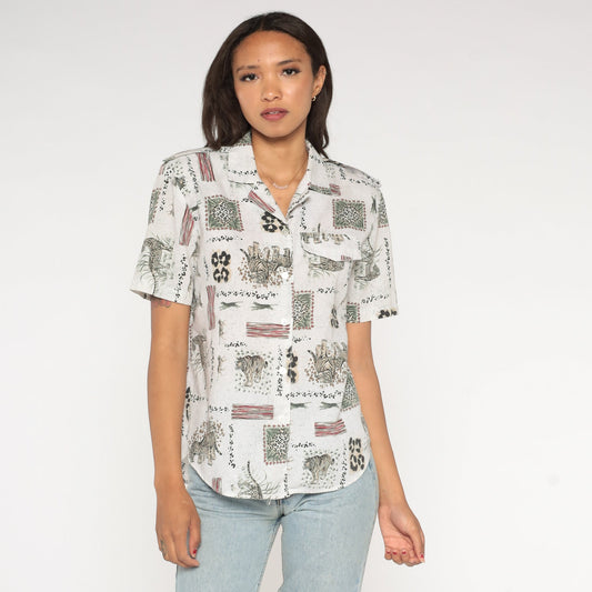 90s Safari Animal Print Button Up Shirt Leopard Tiger Jungle Blouse Small