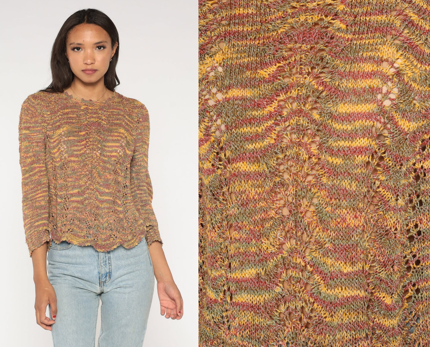 00s Space Dye Open Weave Pointelle Sweater Cut Out Knit Small