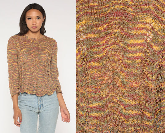 00s Space Dye Open Weave Pointelle Sweater Cut Out Knit Small