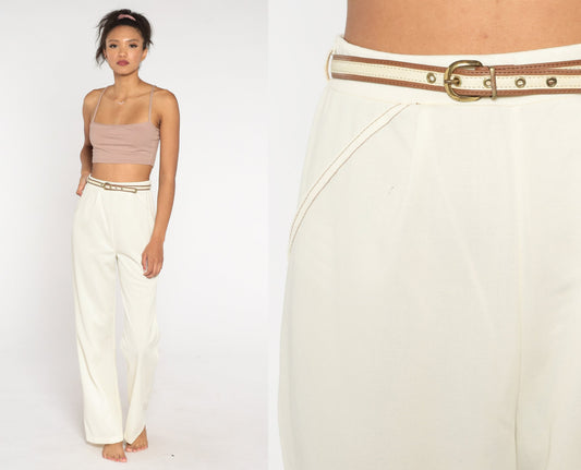 70s White High-Rise Straight Leg Trousers with Belt Medium
