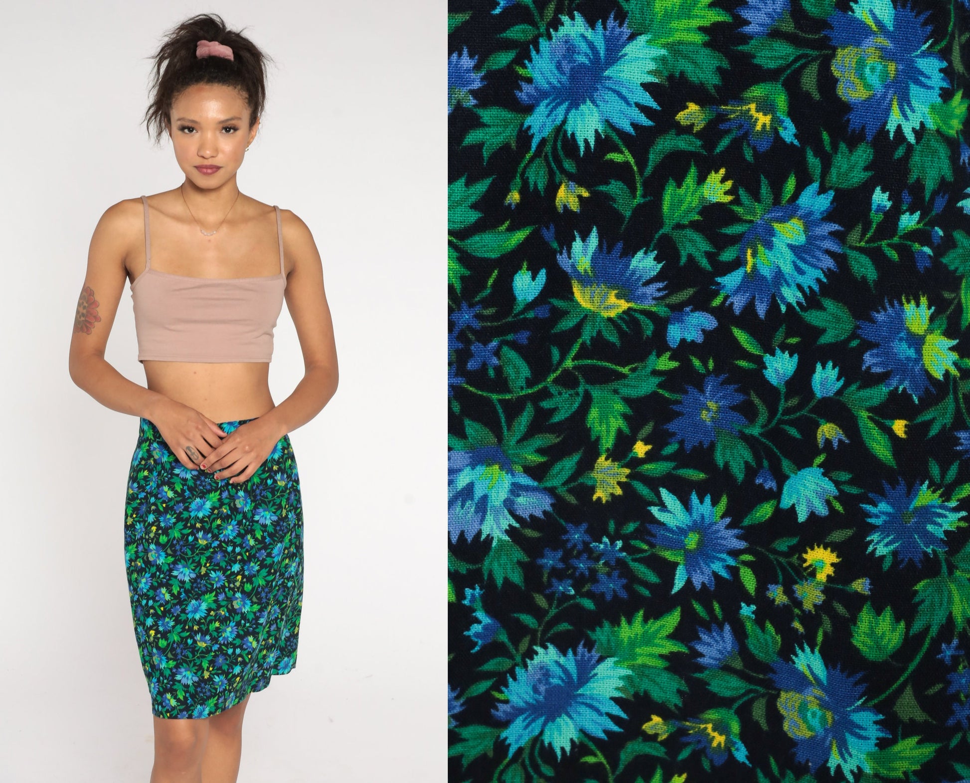90s United Colors of Benetton Floral Mini Skirt Green Blue High Waist Small