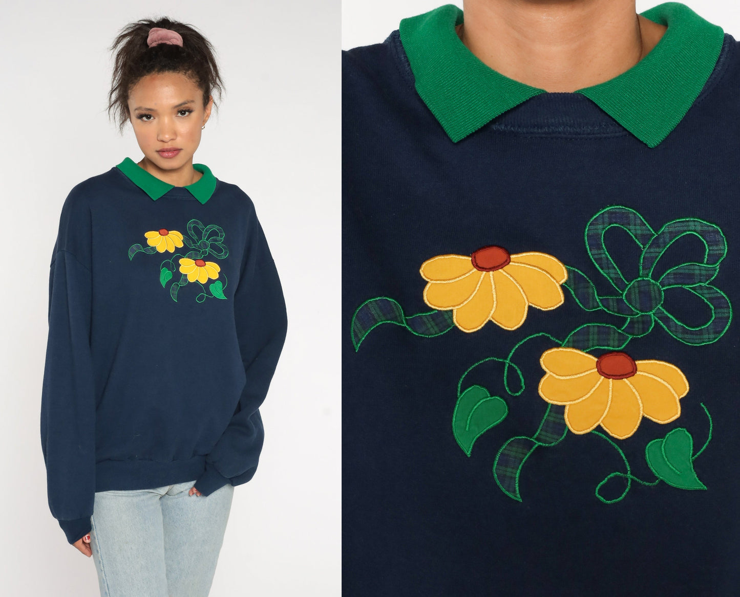90s Jerzees Collared Floral Sweatshirt Navy Blue Black Eyed Susan Extra Large XXL