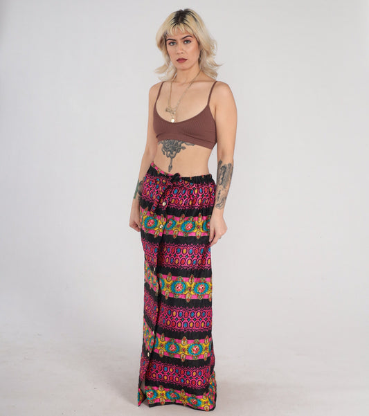 70s Quilted Maxi Skirt Floral Abstract Print High Waist Button Front Black Pink Medium Large