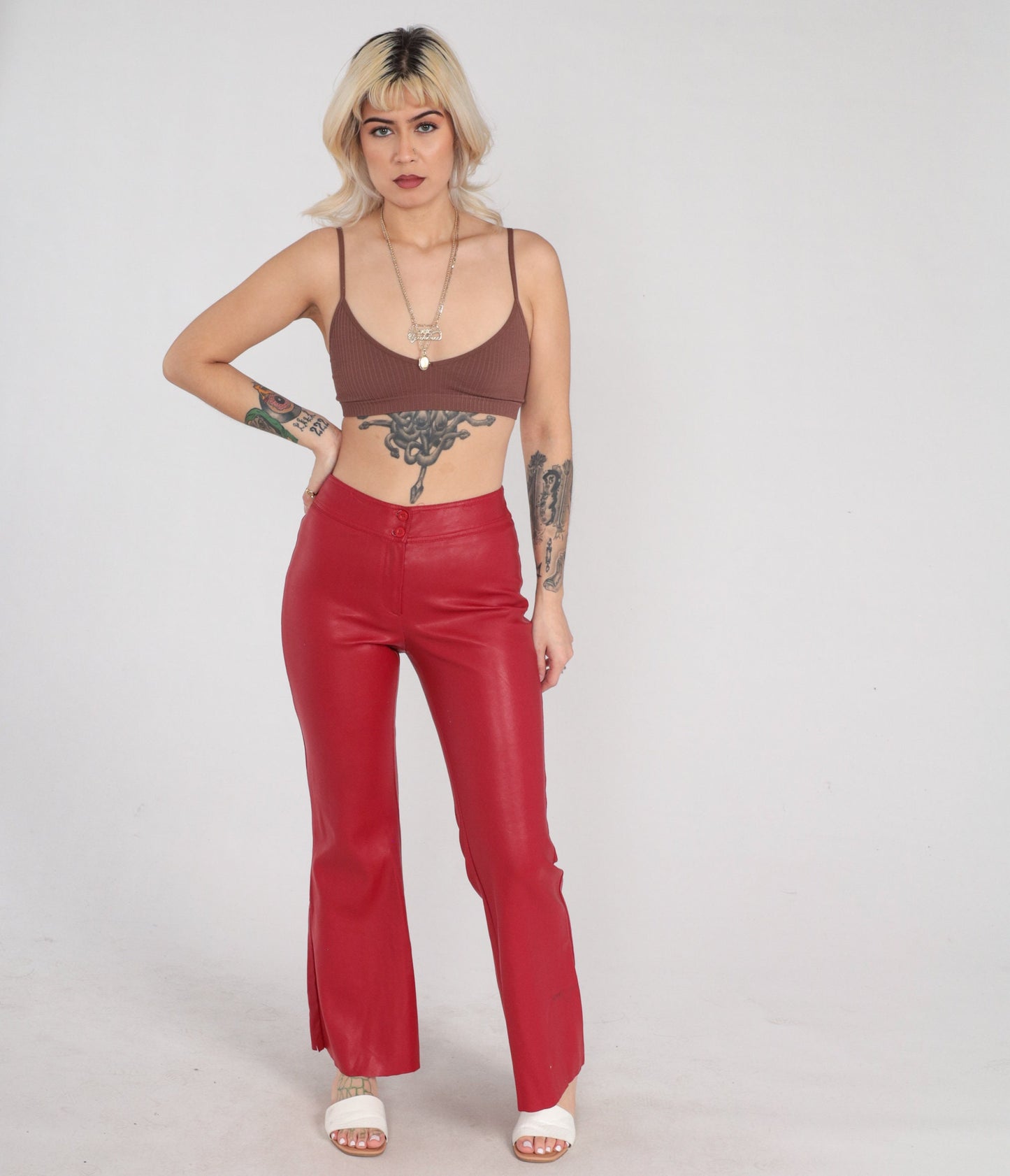 90s Red Vinyl Bell Bottom Pants Flared Trousers Mid Rise Small S