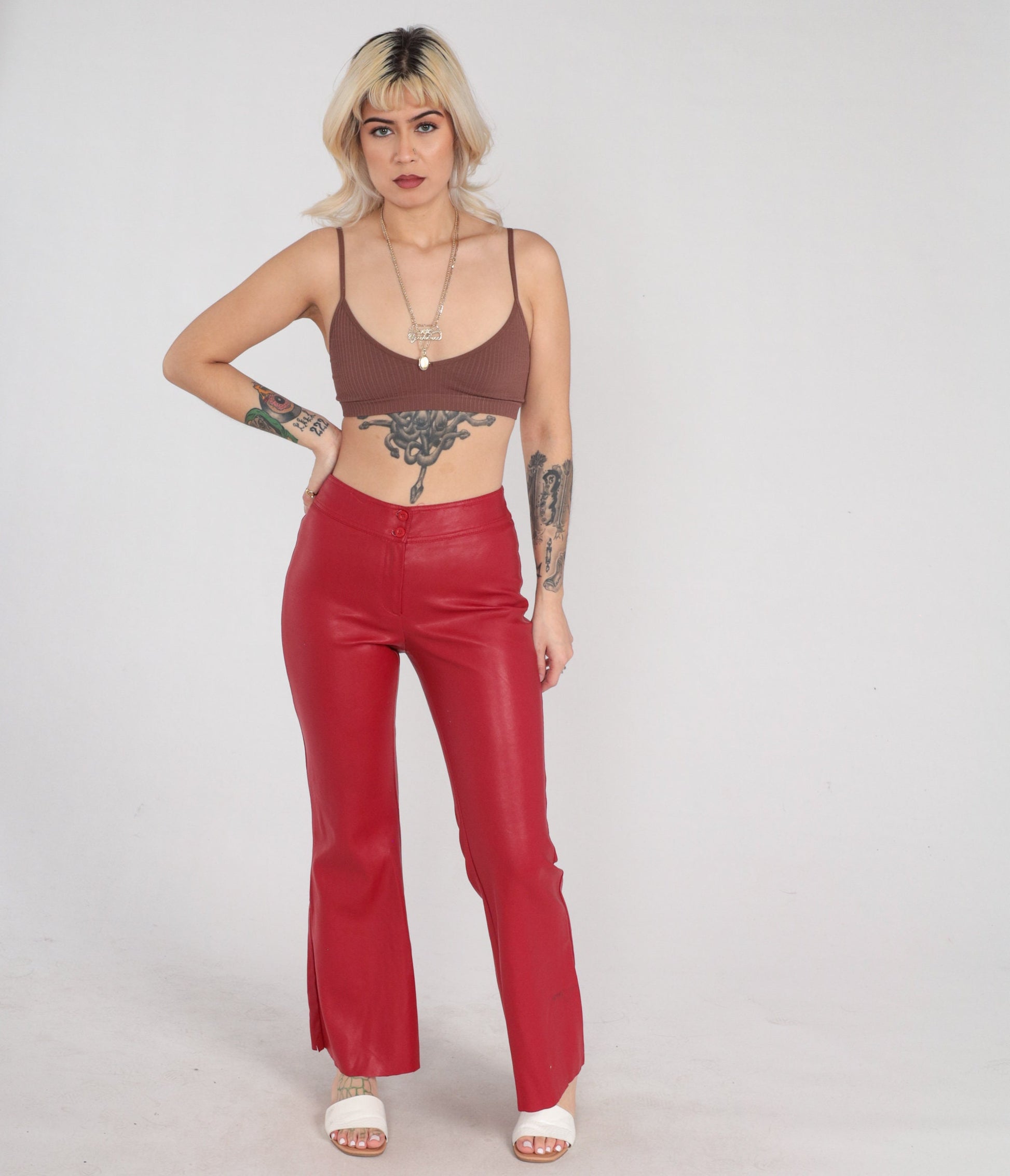 90s Red Vinyl Bell Bottom Pants Flared Trousers Mid Rise Small S