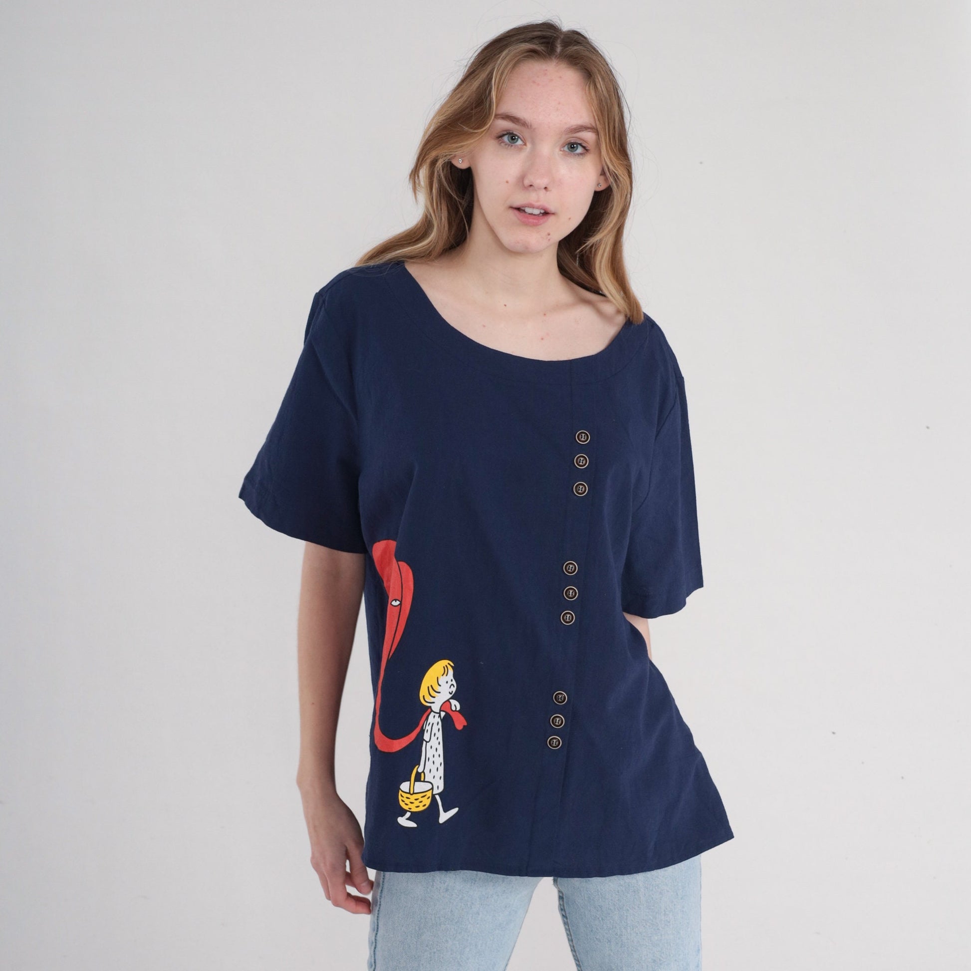 Y2K Cartoon Elephant Graphic T-Shirt Navy Blue Buttons Extra Extra Large XXL