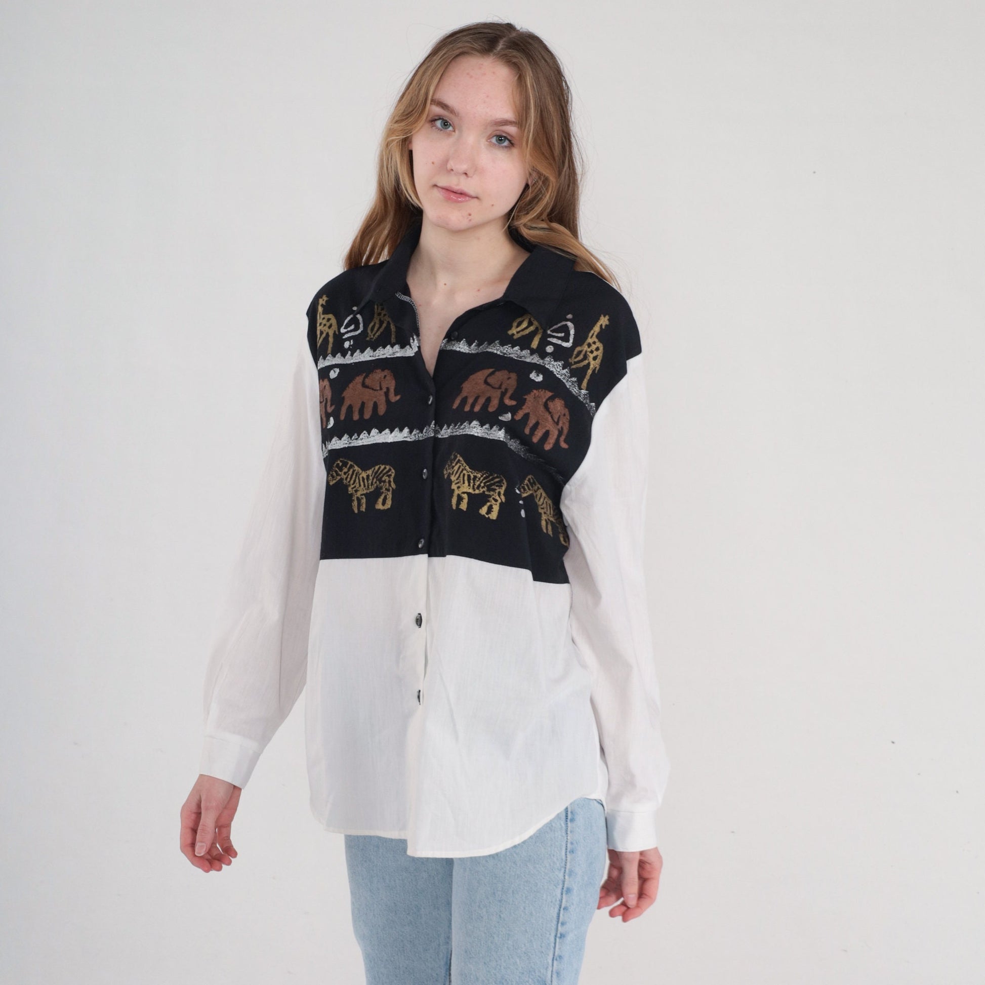90s Safari Animal Button-Up Blouse White Glitter Giraffe Elephant Zebra Large L