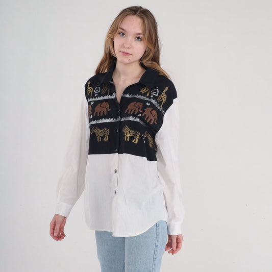 90s Safari Animal Button-Up Blouse White Glitter Giraffe Elephant Zebra Large L