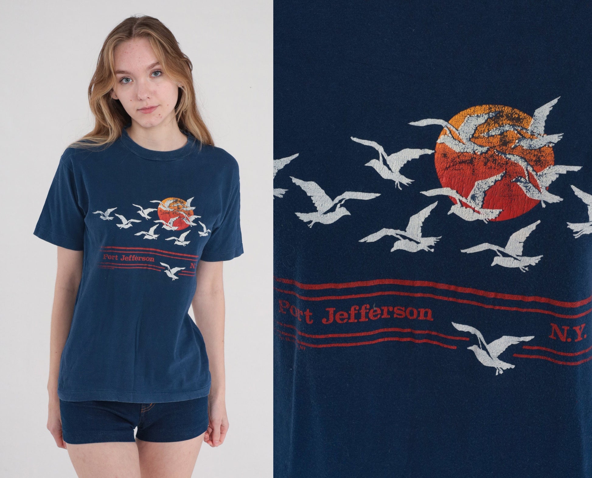 80s Port Jefferson New York Seagull Sunset Graphic T-Shirt Navy Single Stitch Small