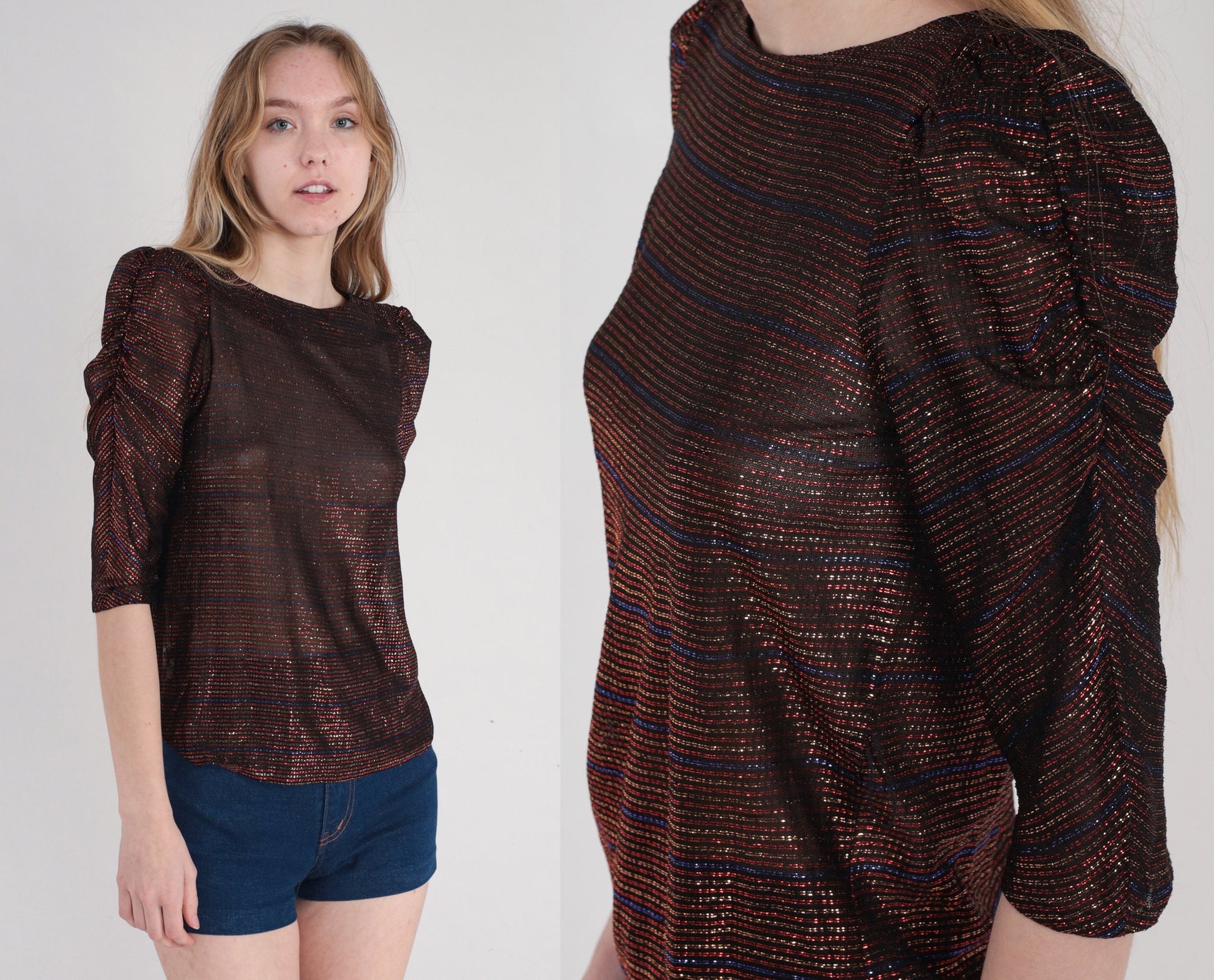 80s Metallic Striped Puff Sleeve Blouse Semi-Sheer Red Blue Black Gold Extra Small