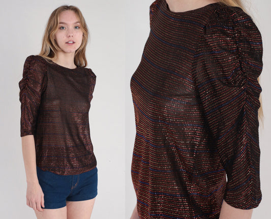 80s Metallic Striped Puff Sleeve Blouse Semi-Sheer Red Blue Black Gold Extra Small