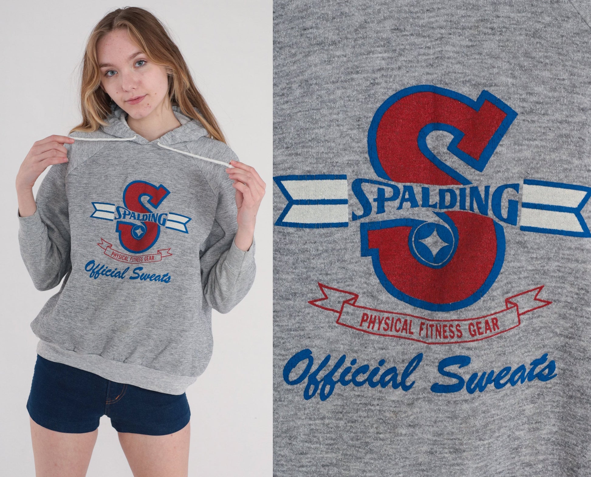 90s Spalding Hoodie Heather Grey Raglan Athletic Logo Pullover Medium