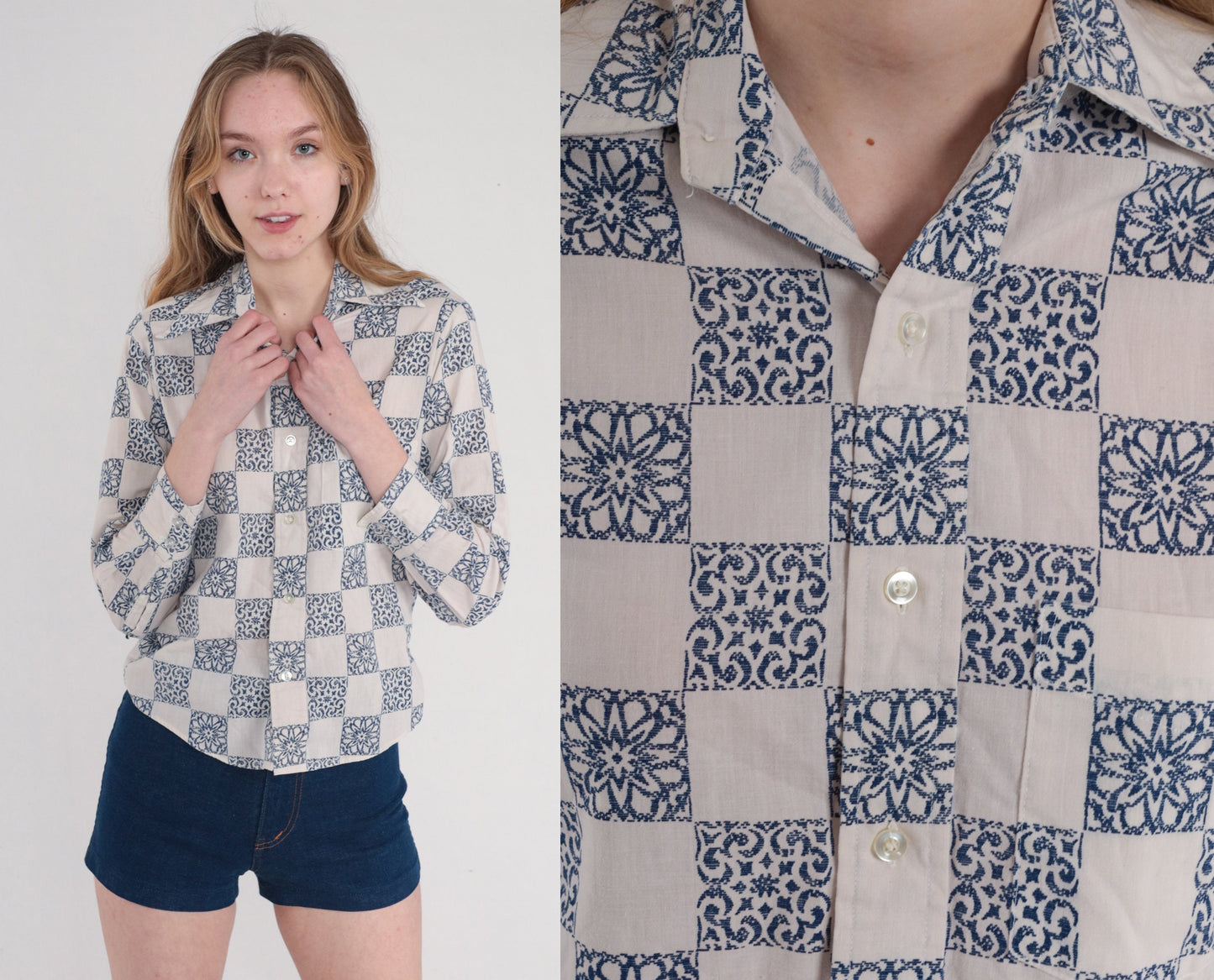 70s Checkered Tile Print Button Up Shirt Blue White Pointed Collar XS