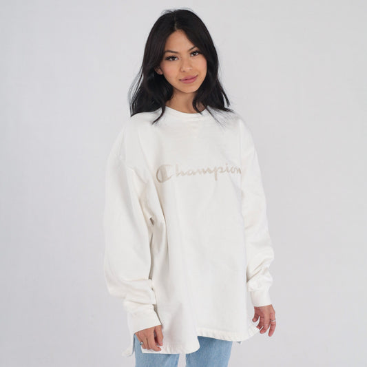 Y2K Champion Logo Long Sleeve T-Shirt White Cotton Graphic Tee Extra Large XXL