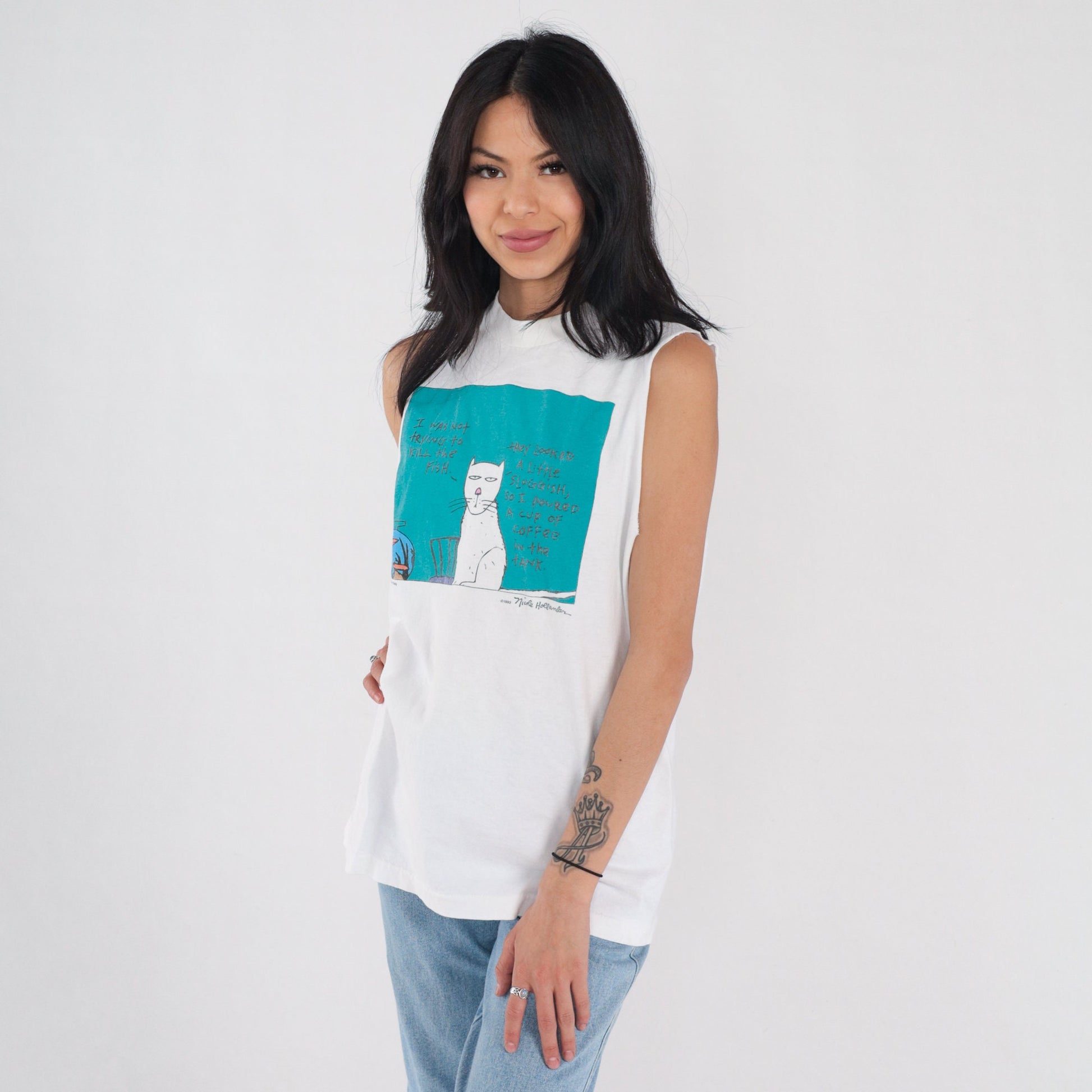 90s Evil Cat Graphic Tank Top Nicole Hollander White Medium M