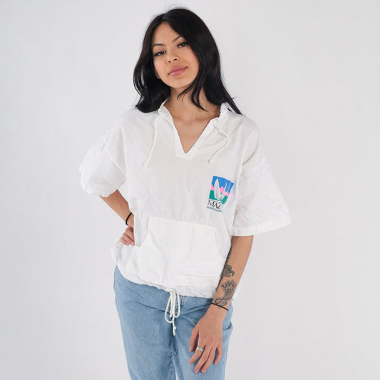 00s Mazatlan Sailboat Graphic T-Shirt White V-Neck Kangaroo Pocket Medium