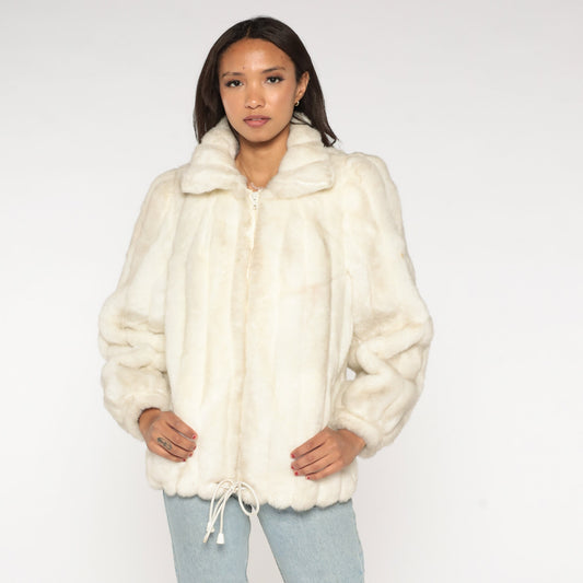 80s Jordache Faux Fur Coat Cream Zip-Up Jacket Medium