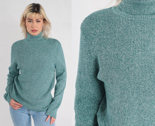 00s Green Flecked Ribbed Knit Turtleneck Cotton Long Sleeve Extra Large XL