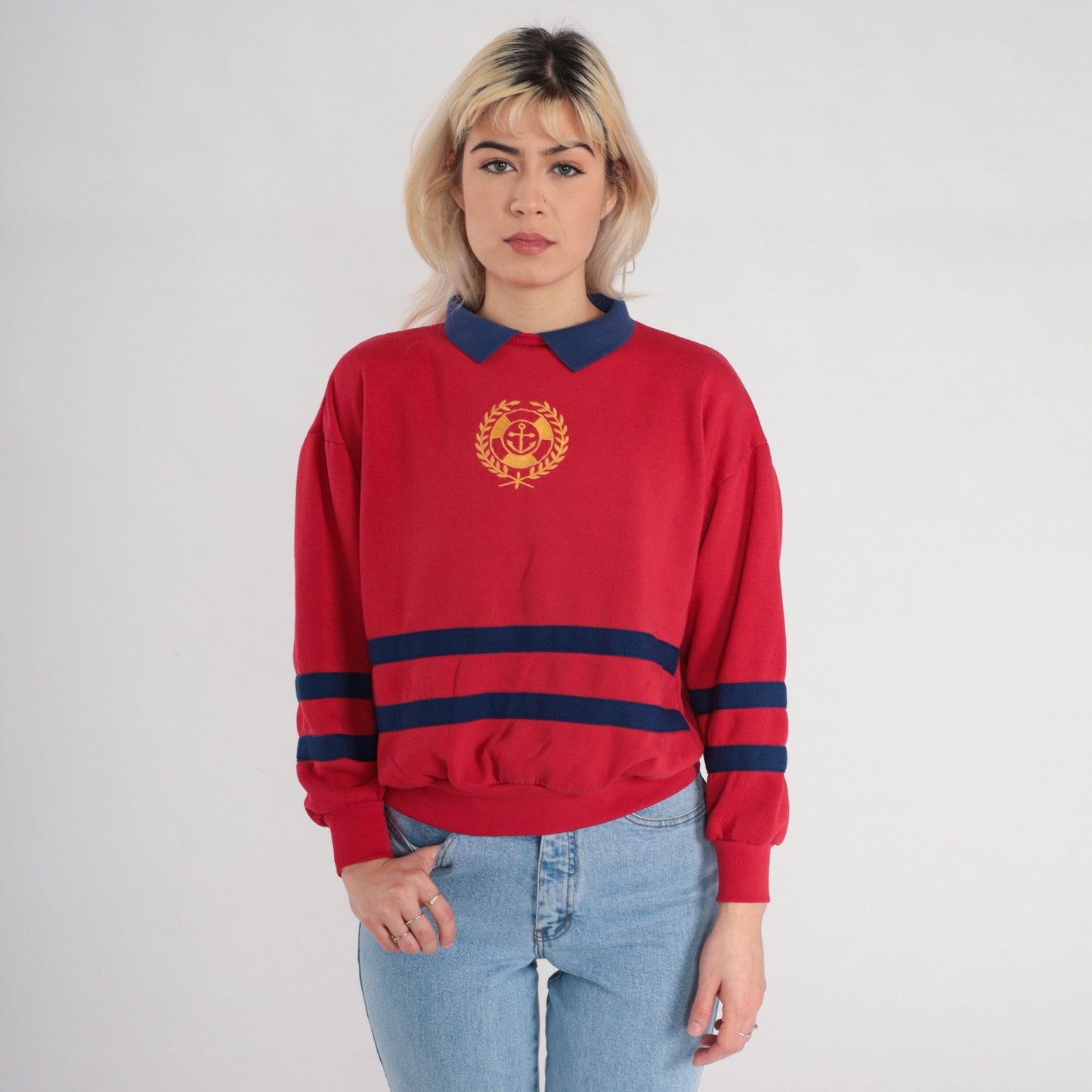 90s Red Anchor Nautical Collared Sweatshirt Blue Striped Pullover Small S