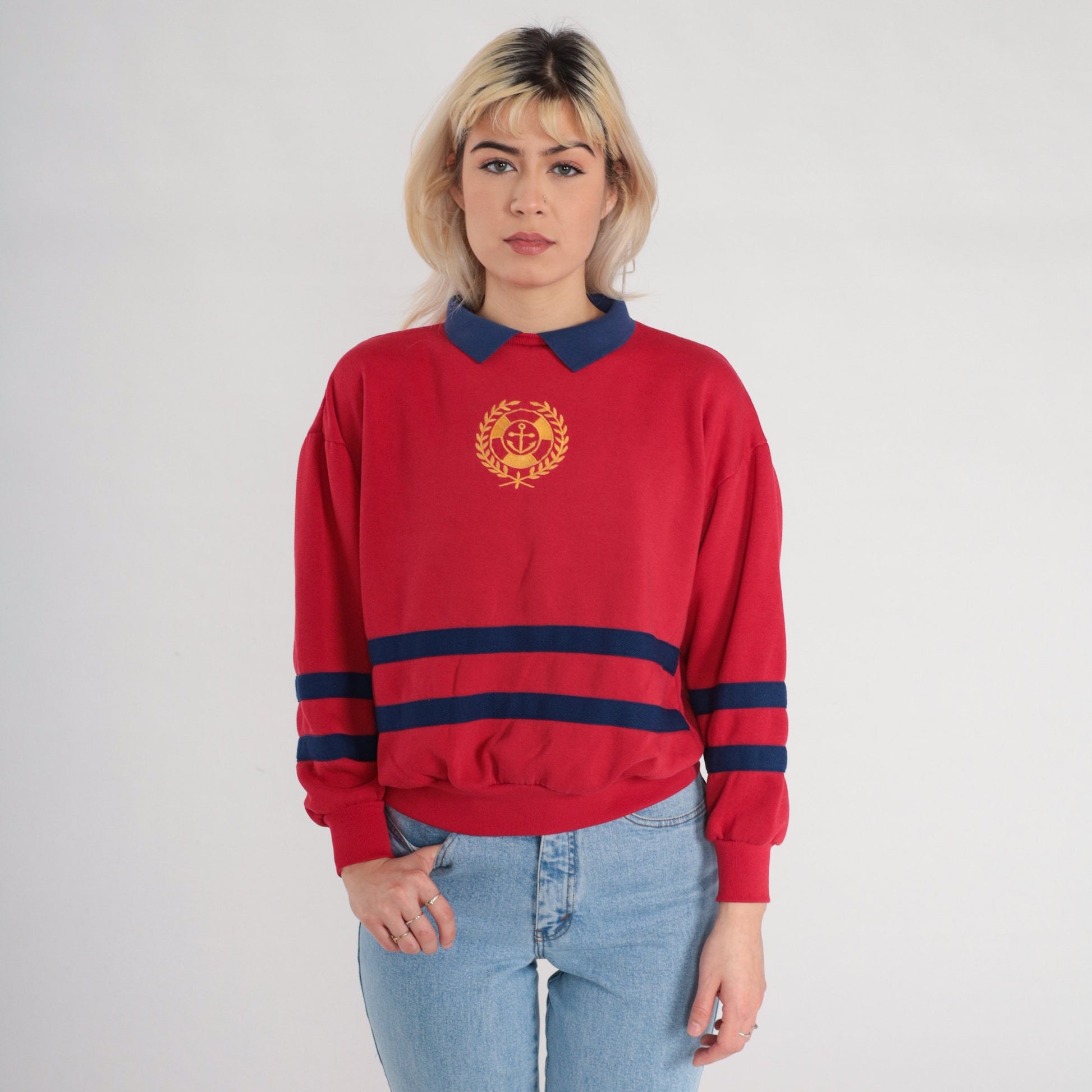 90s Red Anchor Nautical Collared Sweatshirt Blue Striped Pullover Small S