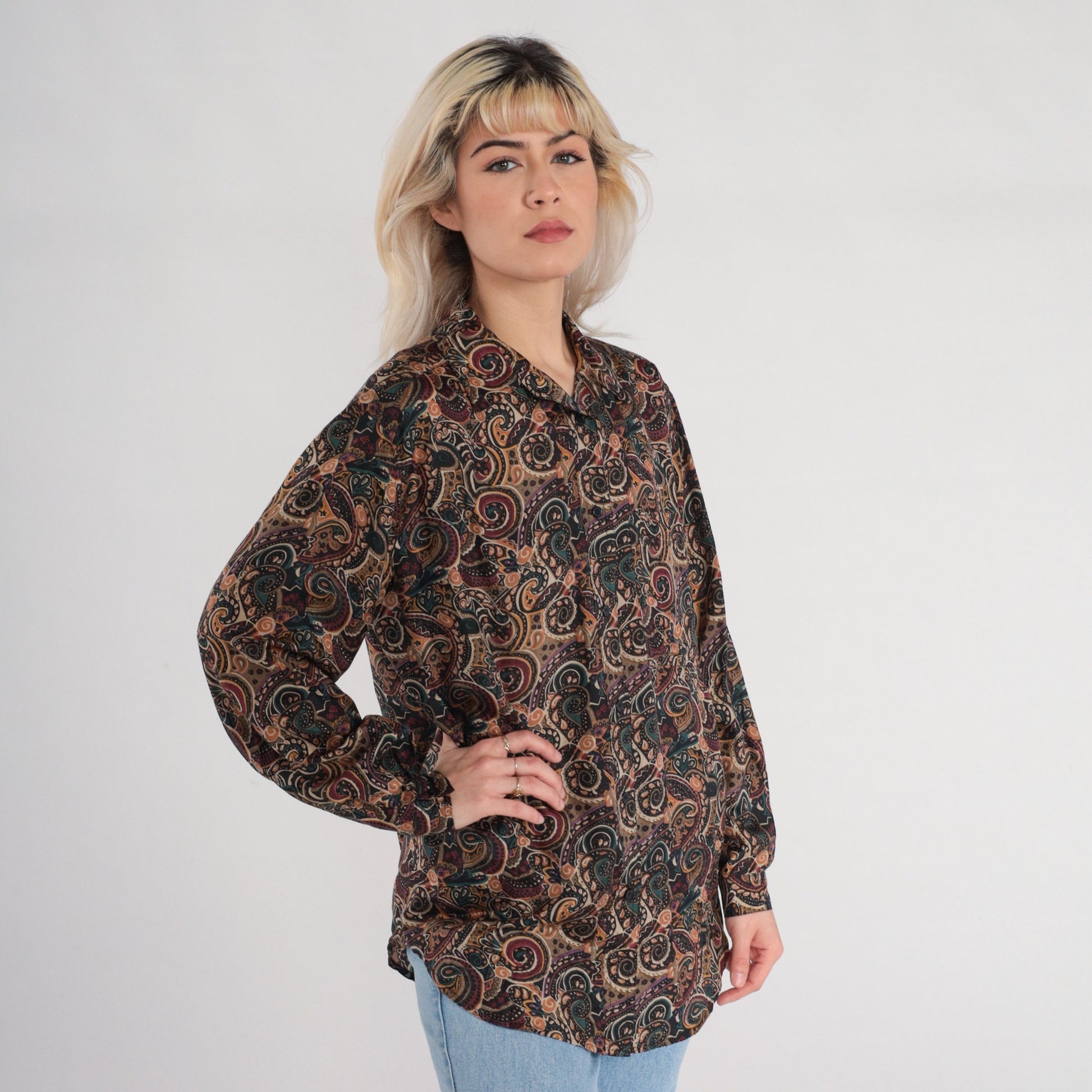90s Silk Button-Up Blouse Abstract Paisley Swirl Print Brown Long Sleeve Small S