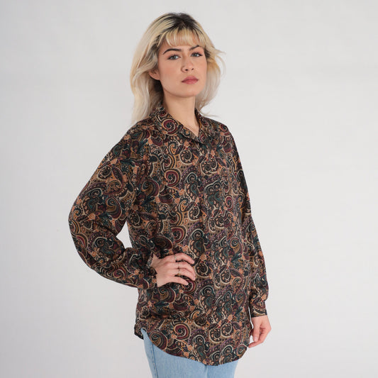 90s Silk Button-Up Blouse Abstract Paisley Swirl Print Brown Long Sleeve Small S