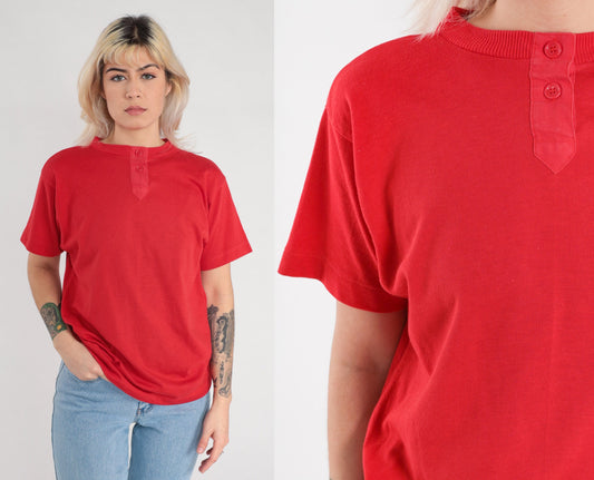 80s Red Henley T-Shirt Single Stitch Cotton Blend Short Sleeve Extra Small