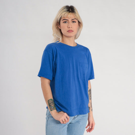 90s Blue Pocket T-Shirt Cotton Blend Short Sleeve Tee Side Slits Large L