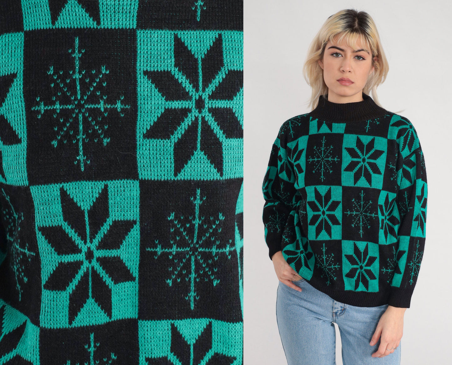 80s Snowflake Mock Neck Sweater Black Green Checkered Knit Pullover Small