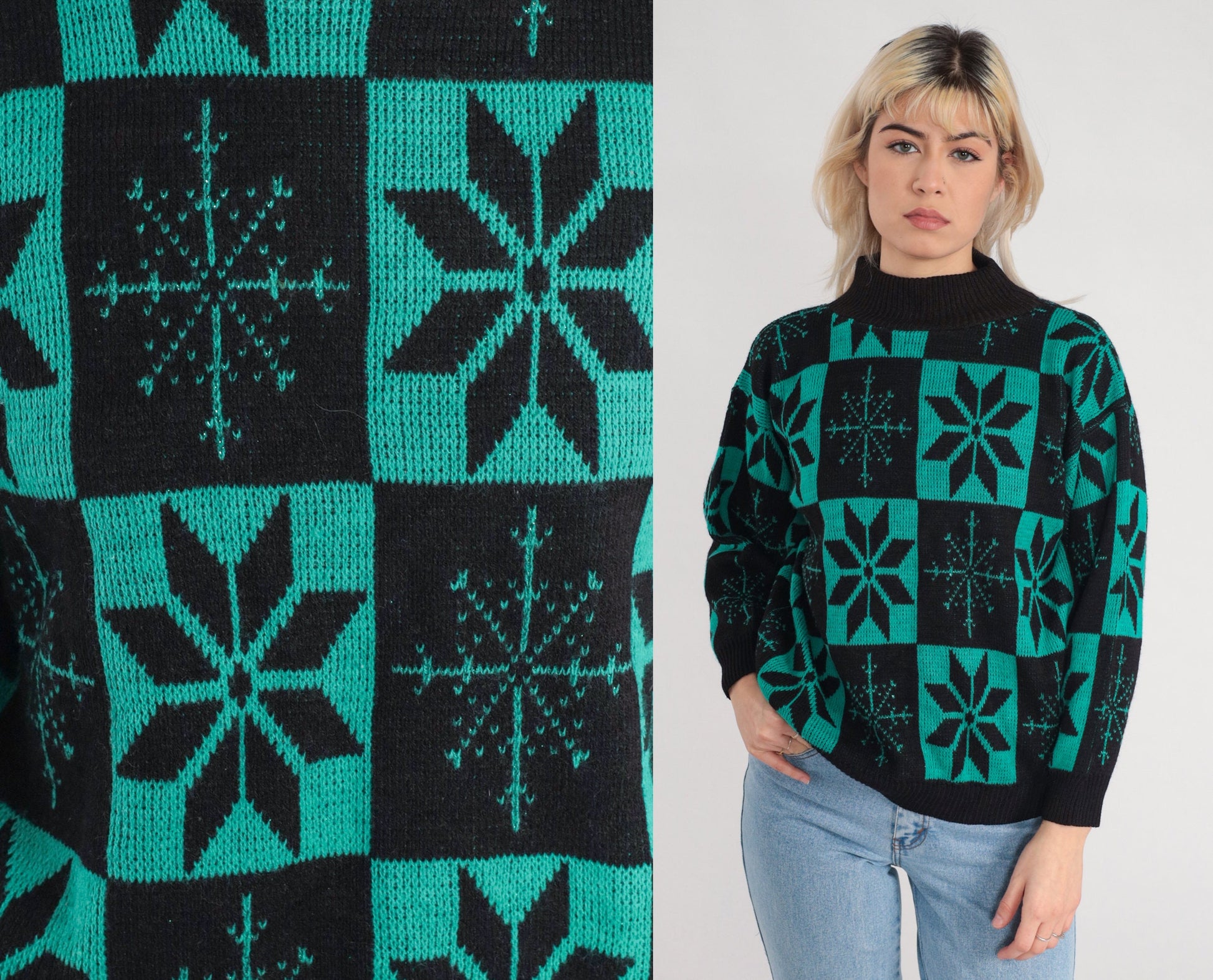80s Snowflake Mock Neck Sweater Black Green Checkered Knit Pullover Small