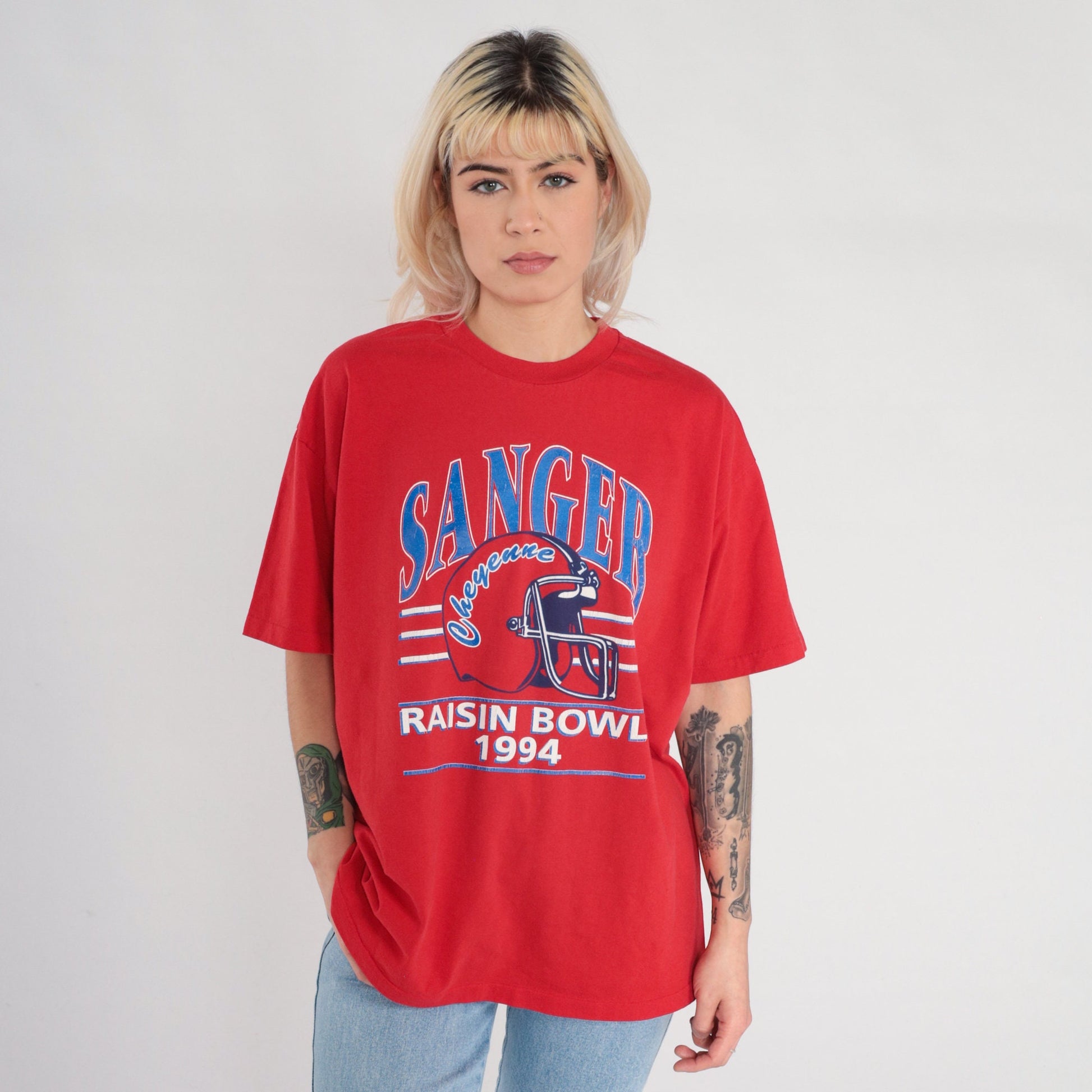 1994 Raisin Bowl Sanger Cheyenne Football Graphic T-Shirt White Extra Large XL